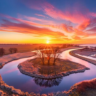 河流湿地夕阳美景