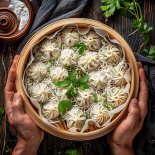 手捧蒸笼烧麦场景图