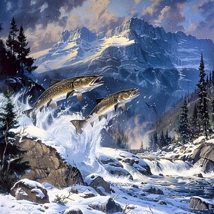 风雪流水山脉油画