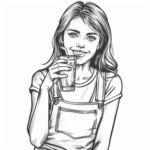 手绘喝饮料美女