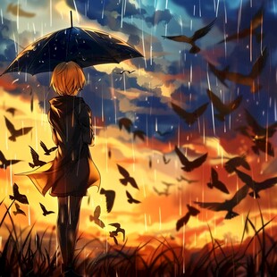 雨中撑伞的少女