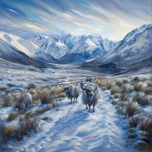 胡杨林牛群雪山油画