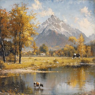 胡杨放牧牛群雪山油画