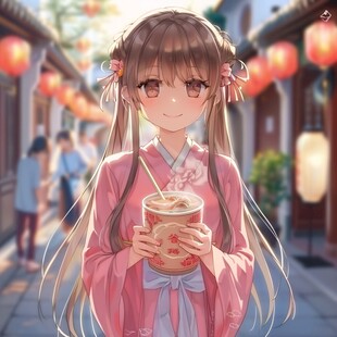 二次元女孩喝奶茶