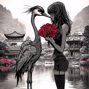 玫瑰与仙鹤
