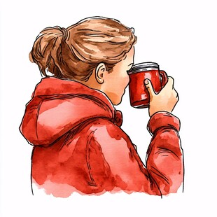 手绘喝饮料美女