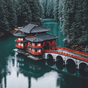 高山寺庙湖水