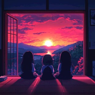 女学生夕阳下插画