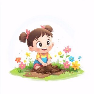 采花的小女孩插画