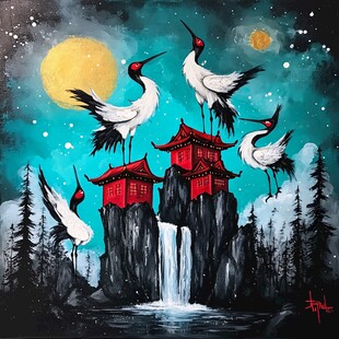 国潮迎客松阁楼仙鹤