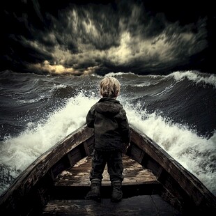 坐在船上的小孩