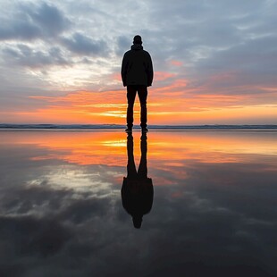 夕阳下大海边男人剪影