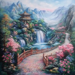 古风亭台楼阁油画