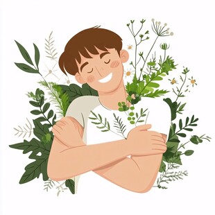 手绘拿树叶的男孩