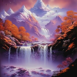 山水风景油画瀑布