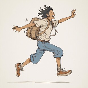 手绘奔跑上学的少年