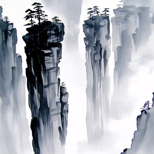 墨韵禅意山峰云雾风景
