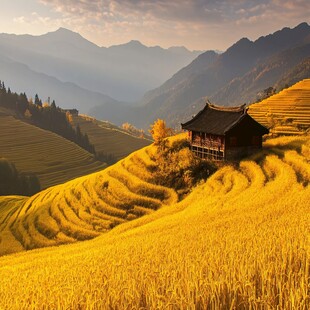 群山风景金色稻田