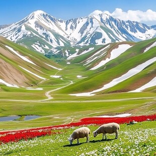 雪山草地羊群