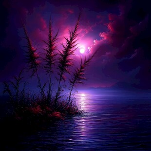 月夜芦苇荡禅意装饰画
