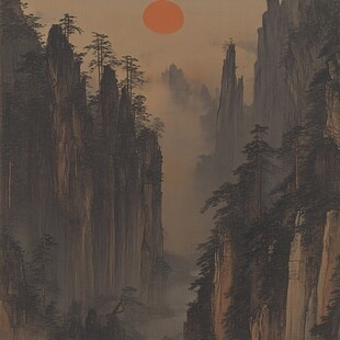 青松红日山峦竹子