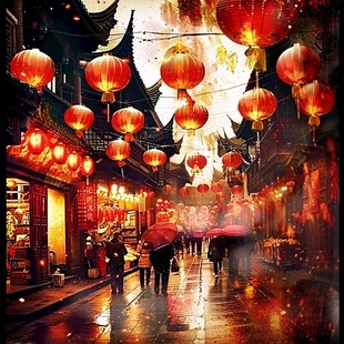 美食街夜景红灯笼