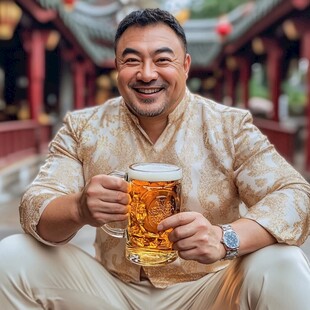 中年男人喝啤酒