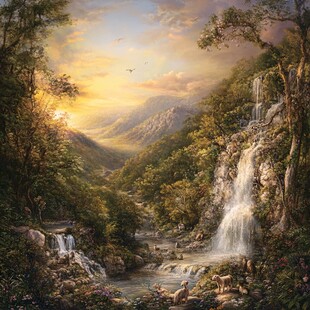 山水风景油画瀑布