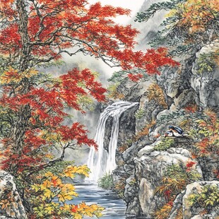 红叶树山水画