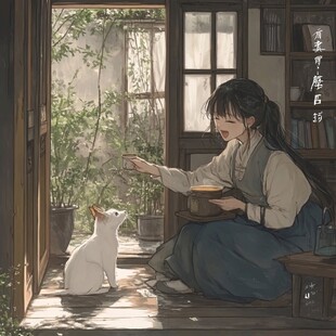 撸猫少女插画