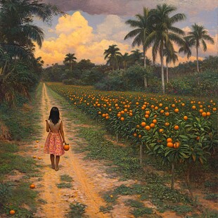 站在芒果上的小姑娘