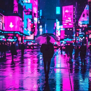 夜晚雨中行走的人