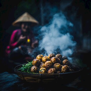 农家地锅炸丸子场景