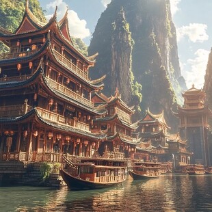 山水楼阁波光小船