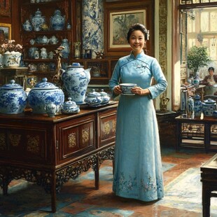 蓝地闪缎暗花旗袍