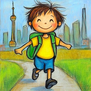 手绘奔跑上学的少年