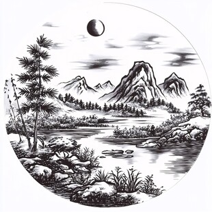 圆形手绘山水画