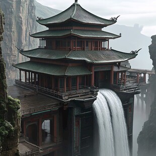 亭台楼阁流水瀑布