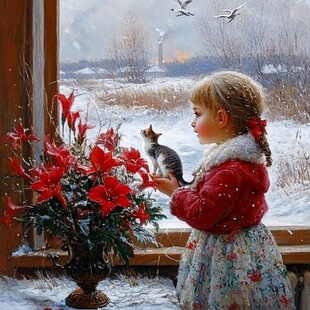 看向松鼠的小女孩