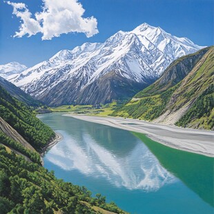 蓝天湖泊雪山