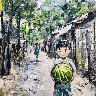 手绘西瓜与小孩
