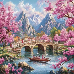 桃花风景油画