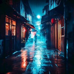 古镇雨天夜景