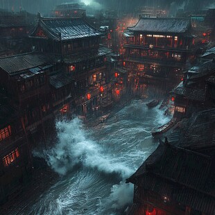 中式古代建筑雨景