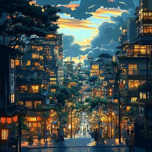 日落街道插画
