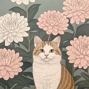花丛边的猫咪插画
