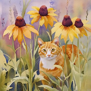 花丛边的猫咪插画