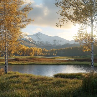 湖边金色白桦树