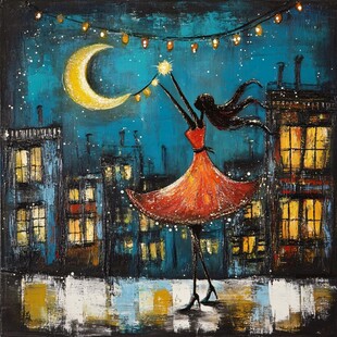 手绘在雪夜跳舞无框画