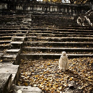 走过银杏叶地的和尚